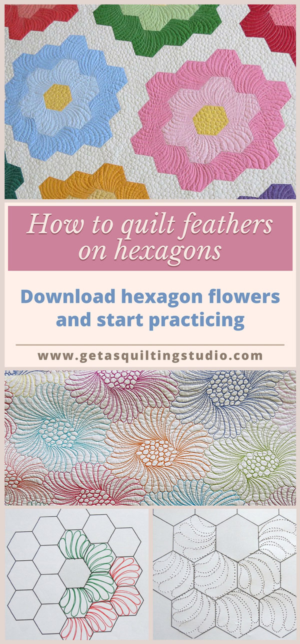Learn to quilt hexagon quilts. Download printable hexagon flowers (simple and double) and practice quilting feathers on hexagons.