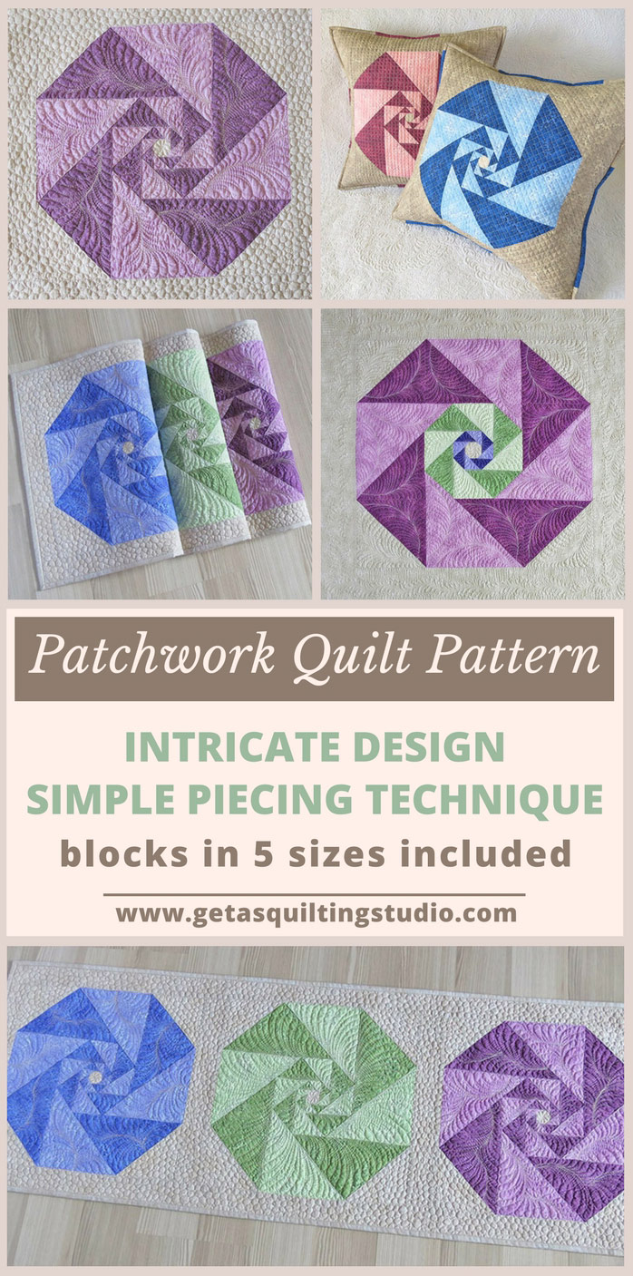 Patchwork Quilt Pattern- pattern for a modern geometric quilt- 5 block sizes are included. Learn to piece octagons from triangles. The intricate design is a simple piecing technique repeated three times.