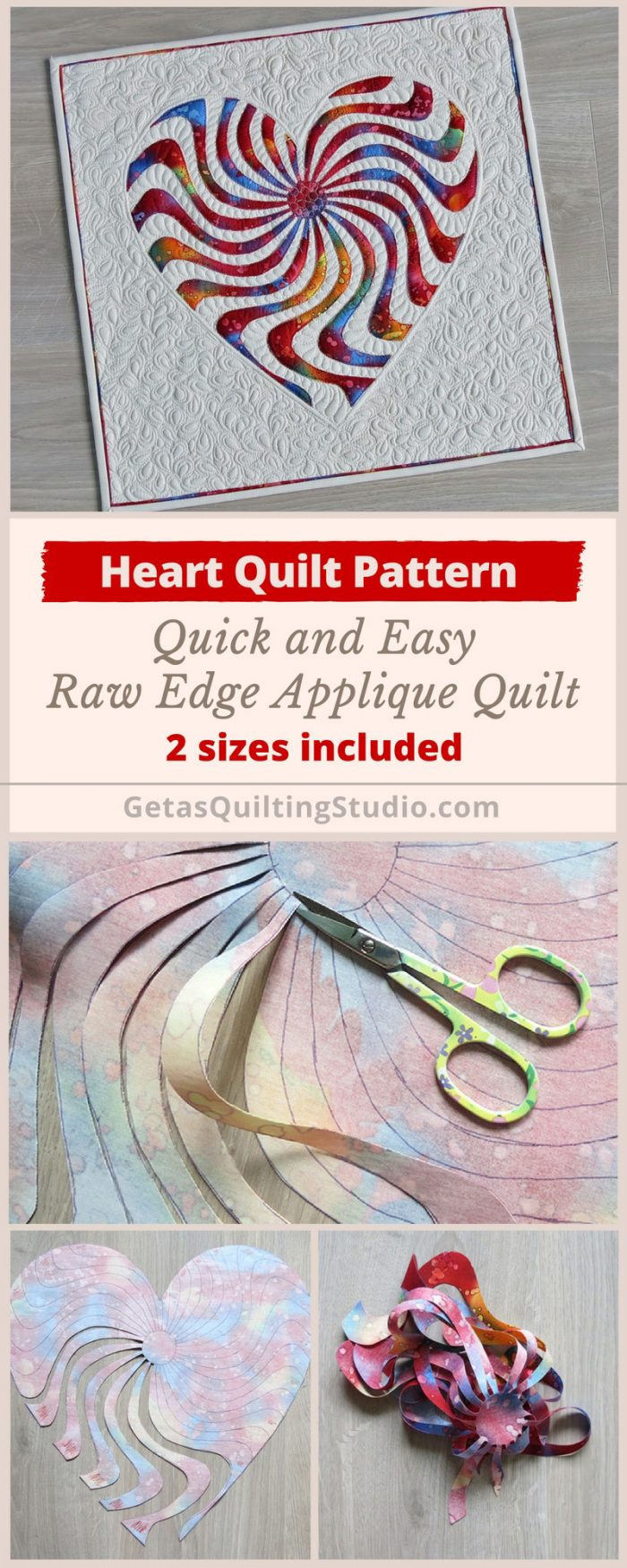 Applique heart quilt pattern - quick and easy technique for a small raw edge applique quilt. 2 sizes are included.