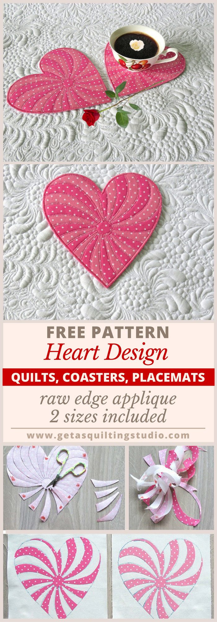 Free Heart Quilt Pattern- great for coasters and placemats as well. Raw edge applique, 2 sizes included.