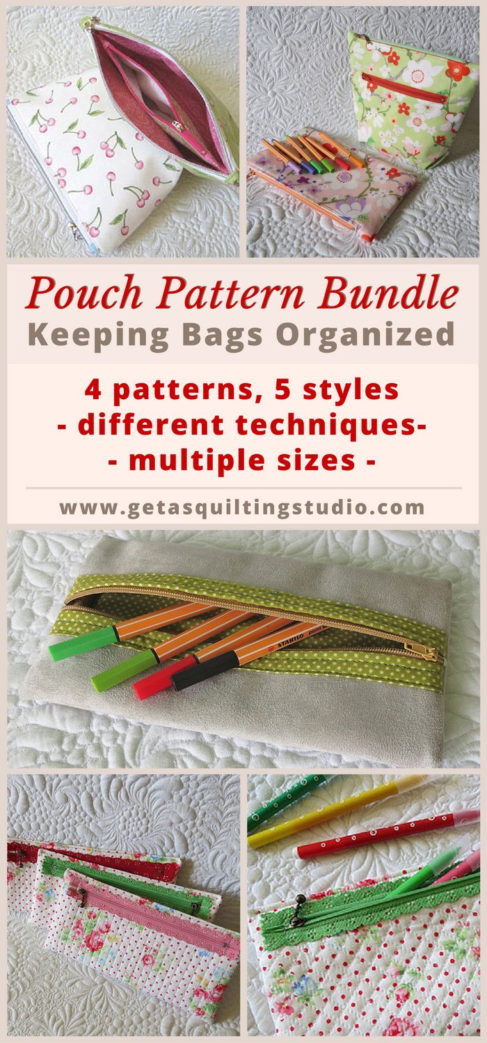 Pouch Patterns - learn to sew zipper pouches; different styles, techniques, and sizes are included.