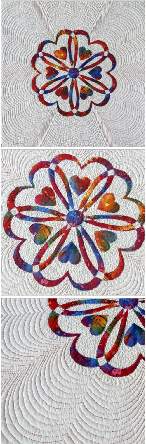 Heart quilt- applique center design and echo quilting on the background.